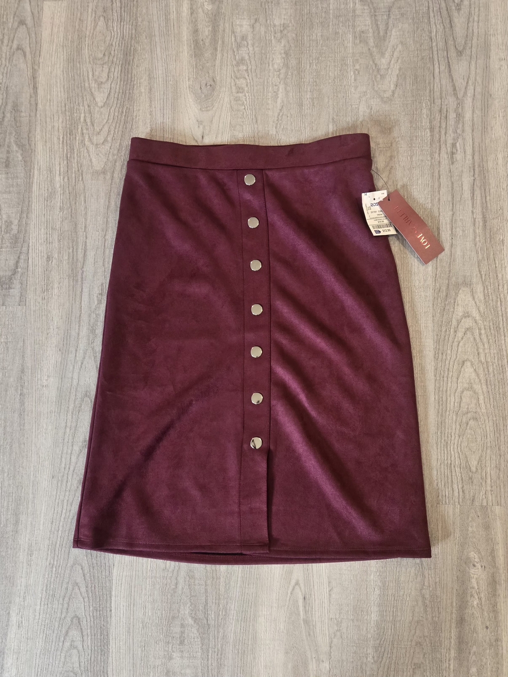 Button-Front Faux Suede Midi Skirt - Burgundy, Brand New, Size Small